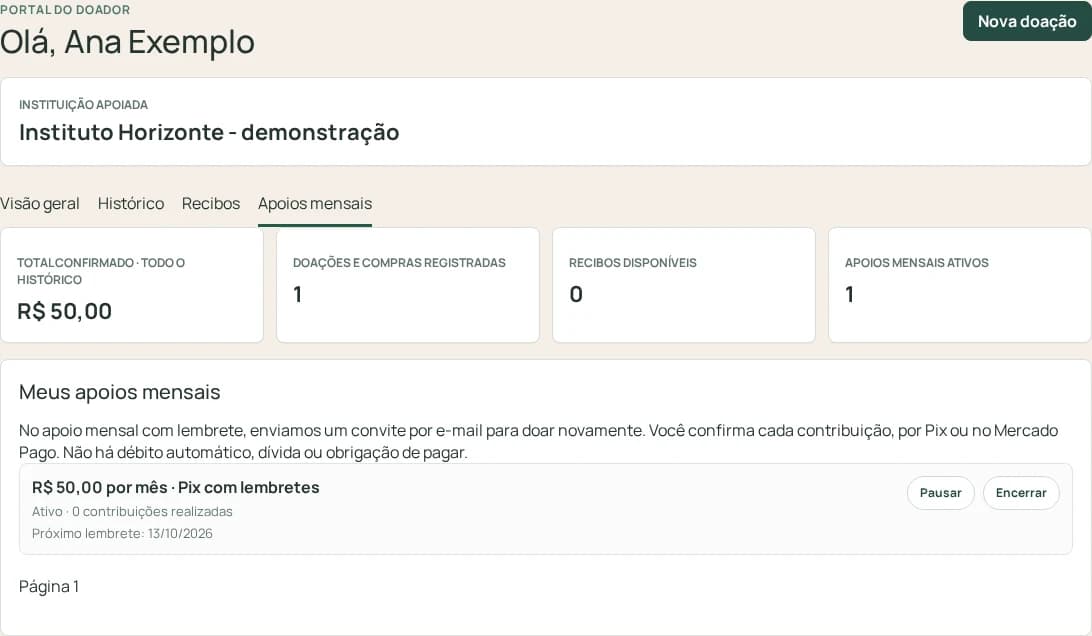 Área de apoio mensal do portal com lembrete Pix fictício e opções de gerenciamento.