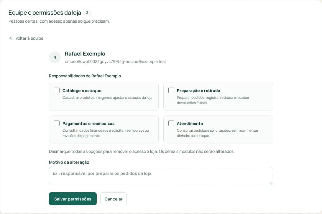 Painel de permissões da equipe de uma loja demonstrativa, com usuário fictício.