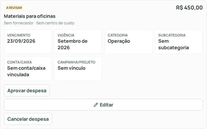 Tela de contas a pagar com despesas fictícias e suas situações de acompanhamento.