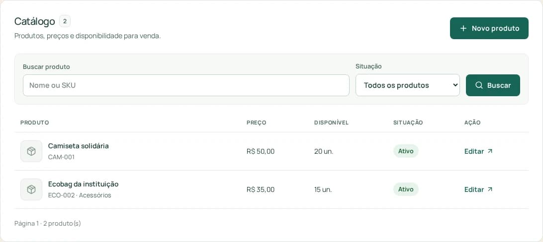 Catálogo administrativo de uma loja demonstrativa, com camiseta e ecobag fictícias.
