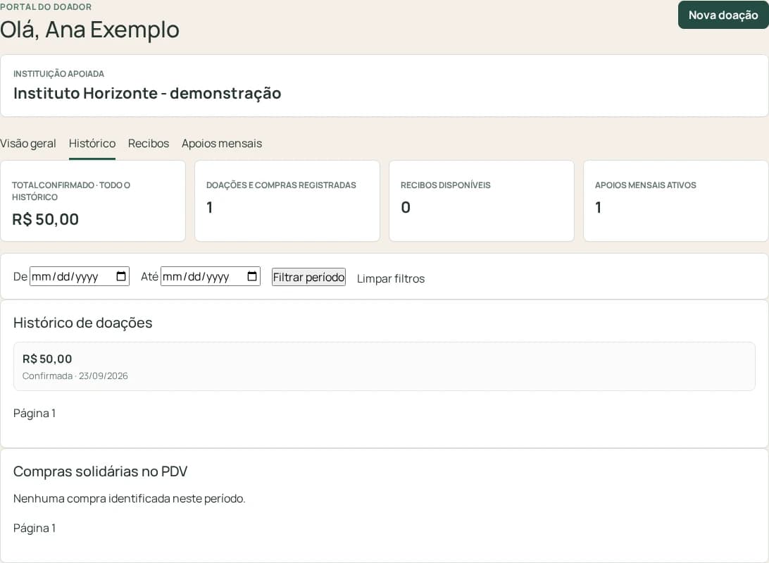 Portal de Ana Exemplo, com histórico e indicadores inteiramente fictícios.